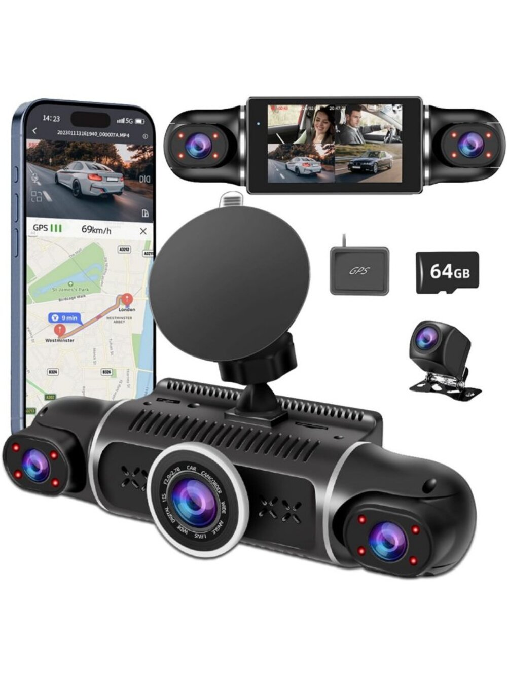 360° FHD Dash Cam Front & Rear, 4 Channel, Night Vision, WiFi, GPS, 64GB Card